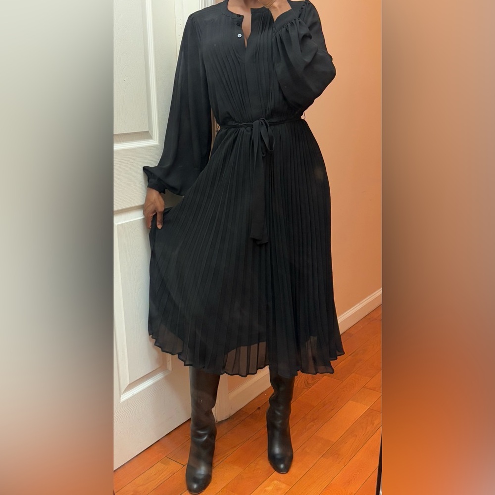 H&M Black Elegant Pleated Midi Dress with Waist Tie - Picture 3 of 6